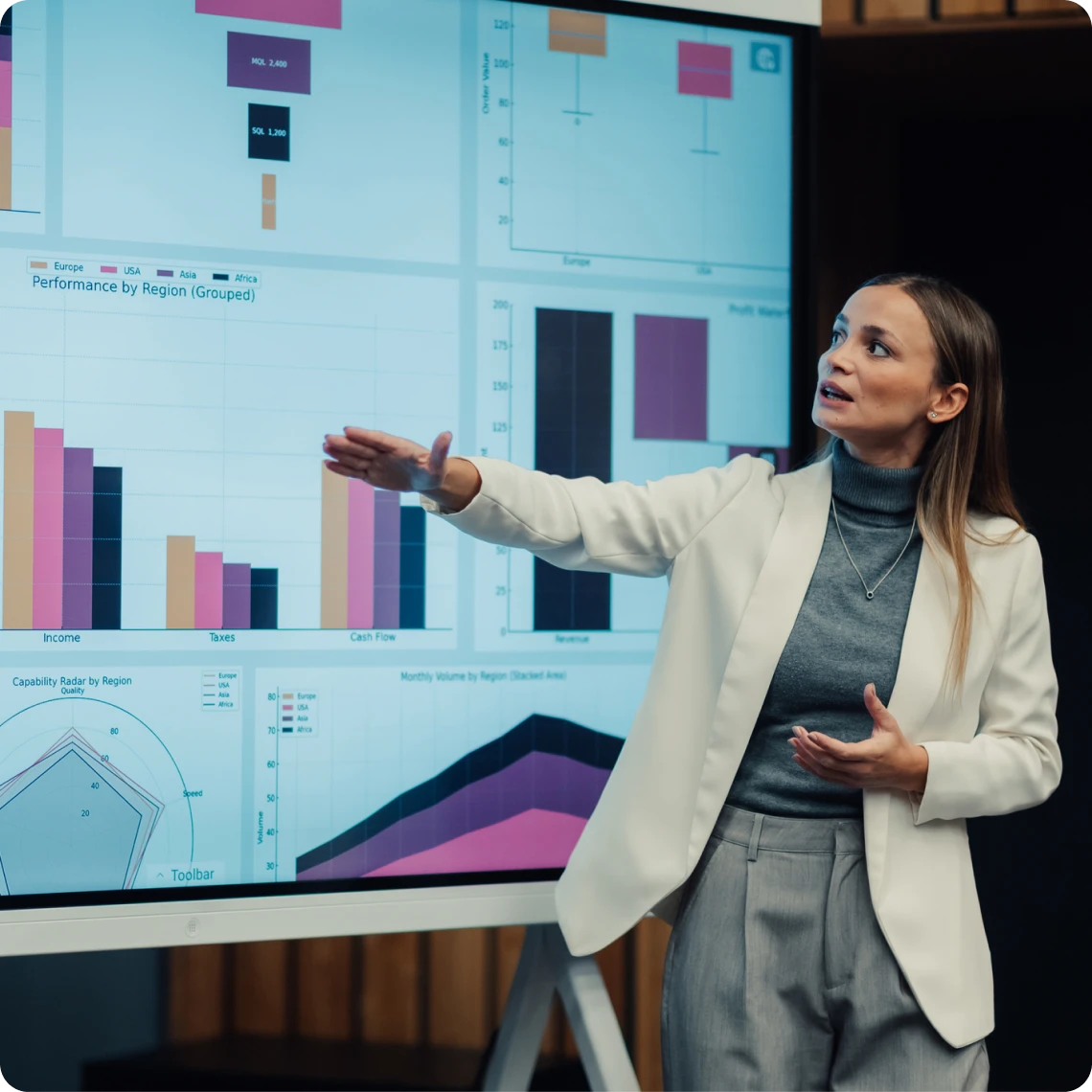 Woman presenting data on large screen